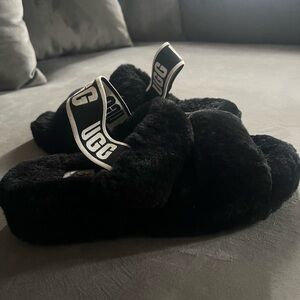 UGG Black Fluffy Slippers